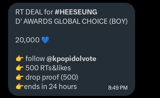 LHSGlobalTeam's tweet photo. RT DEAL for #HEESEUNG
D' AWARDS GLOBAL CHOICE (BOY)

20,000 💙

👉 follow @kpopidolvote 
👉 500 RTs&amp;likes
👉 drop proof (500)
👉ends in 24 hours

OUR CHOICE IS HEESEUNG
#GlobalChoiceHEESEUNG
#ENHYPEN_HEESEUNG #엔하이픈_희승 https://t.co/YFNbA9HrVz