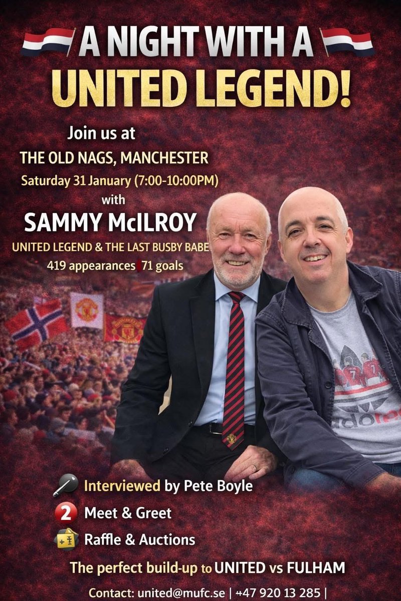 blogues's tweet photo. 🔥 A Night With a United Legend! 🔴⚫️

Join us Sat 31 Jan at The Old Nags for an exclusive night with Sammy McIlroy – The Last Busby Babe 🇾🇪 https://t.co/ssCaQA4uv2