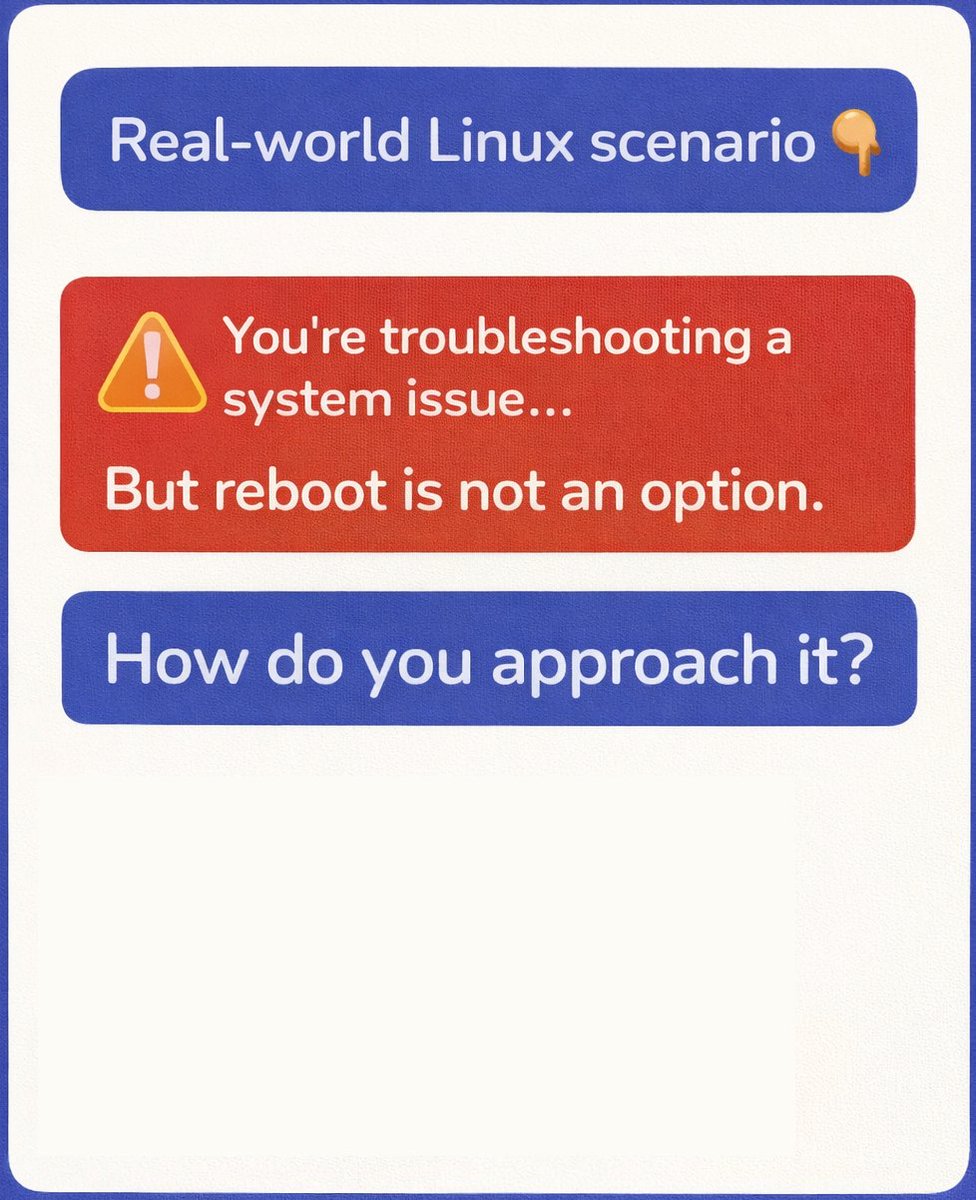 Sharon2020J's tweet photo. No reboot allowed.
System misbehaving.
How do you troubleshoot?

#LinuxTeck #Linux #DevOps #LinuxAdmin #SysAdminLife #linuxtips #serverrecovery #ITOperations https://t.co/DEC3ElwZCA