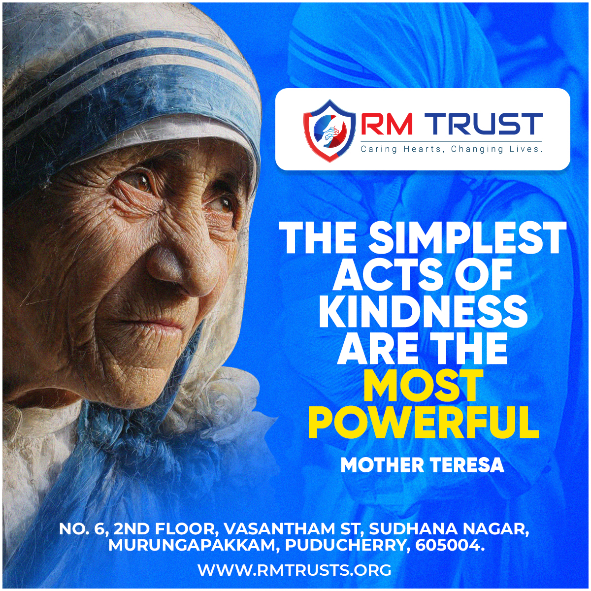 RMTrust_Org's tweet photo. The Secret to True Power: Small Acts of Kindness | RM Trust  
#RMTrust #Puducherry #MotherTeresa #KindnessMatters #SocialWork #Inspiration #Charity #PondicherryNGO #Empowerment #Humanity https://t.co/CMidRQ9abi