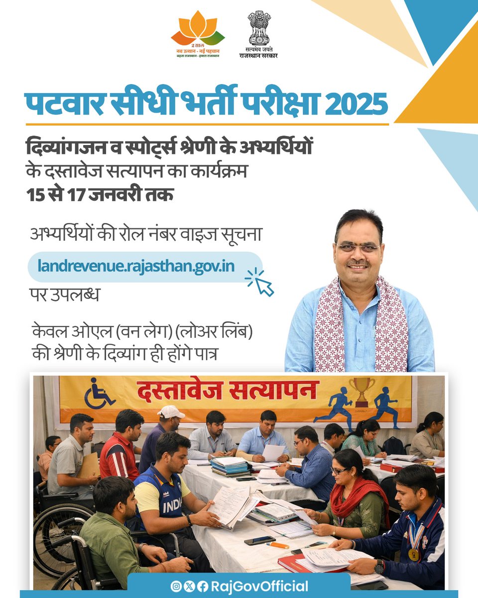 RajGovOfficial's tweet photo. पटवार सीधी भर्ती परीक्षा 2025 में सफल रहे अभ्यर्थियों के लिए, दस्‍तावेज सत्यापन के तहत स्पोर्ट्स पर्सन एवं दिव्यांग अभ्यर्थियों के लिए, 15 से 17 जनवरी तक विशेष शिविर का आयोजन, अजमेर में बोर्ड कार्यालय में किया जाएगा। राजस्व मंडल उप निबंधक (भू राजस्व) ने बताया कि, इस कार्यक्रम के तहत गैर अनुसूचित क्षेत्र के 350 एवं अनुसूचित क्षेत्र के 45 सहित, कुल 395 अभ्यर्थियों के दस्तावेज की जांच का कार्य किया जाएगा।  
#आपणो_अग्रणी_राजस्थान