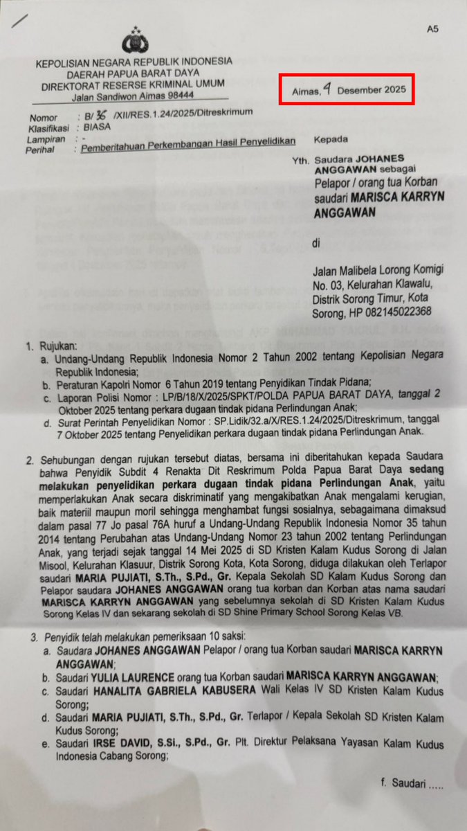 LexWu_13's tweet photo. Saya rasa memahami Abuse OF Power ini tidak sulit kanda @ahriesonta , @ListyoSigitP @Divpropam 
tanpa harus Sekolah Hukum untuk memahami ini terjadi pelanggaran PerKap, Perpol dan Etik Polri. Mirisnya ini berpangkat Kombes! dan menjabat sebagai Dirpidum Polda Papua Barat yang Kapoldanya Bahradaksa 91 juga.
1. SP2HP tanggal 4 Desember,  jelas Pointnya ada dinyatakan telah memeriksa AHLI Psikolog bernama Nursiah Yusdrianti.
2. Hasil Pemeriksaan Psikolog jelas menyatakan bahwa Korban Anak mengalami PTSD. 
3. SP3 Penghentian Penyelidikan juga tanggal 4, sama dengan tanggal SP2HP. dan mirisnya menyatakan tidak ditemukan adanya peristiwa pidana.
Artinya mengesampingkan temuan AHLI, dan Fakta Korban Pengalami PTSD. 
atau kepolisian baru bekerja, kalau korban yang masih anak bunuh diri karena stres?
Coba TIM Reformasi POLRI @mohmahfudmd persoalan ini di perhatikan betul-betul.

Miris sekali, Melati 3, apa saking buru-buru pengen ngejar Turun Bintang, sampai Nabrak : 
Perkapolri No. 6 Tahun 2019 tentang Penyelidikan Tindak Pidana  :
1. Pasal 10 ayat (1) huruf b dan c: Penyidik wajib mempertimbangkan  keterangan saksi dan ahli, termasuk psikolog.  
2.  Pasal 12 ayat (1) dan (2): Penghentian penyelidikan hanya sah jika seluruh  alat bukti dipertimbangkan dalam gelar perkara.  
3. Pasal 3 ayat (2): Penyelidikan harus profesional, transparan, akuntabel, serta  melindungi kelompok rentan.  
4. Pasal 1 angka 7 dan 8: Keterangan ahli (psikolog) adalah alat bukti sah yang  wajib diperhitungkan. 
 - Kode Etik Profesi Polri  diabaikan- 
Bahkan   UU Perlindungan Anak No. 35 Tahun 2014  o Pasal 76A jo 77: Larangan perlakuan diskriminatif terhadap anak juga di Tabrak!

@prabowo Percuma Program MBG di kejar katanya untuk anak-anak tapi anak-anak dibiarkan jadi Korban ketidak Adilan Hukum.

@kompolnas_ri Coba Institusi ini jangan terlalu lucu! Laporan langgsung ke Propam, sudah sampai di lokasi malah di suruh online, padahal ada ratusan orang di gedung PROPAM itu.