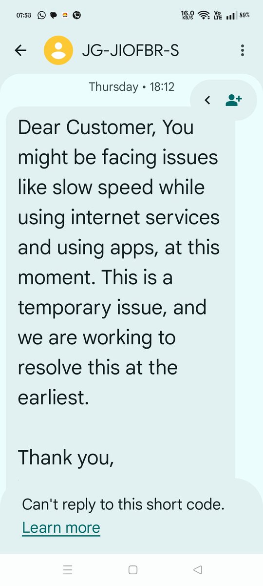 ipreee_saraswat's tweet photo. @JioCare @reliancejio जियो का वाईफाई 3 दिन से बिलकुल भी नहीं चल रहा है और जब भी कंप्लेंट करने के लिए फोन करो तो ये नीचे जो स्क्रीन शॉट हैं ये मग भेज देता है और कॉल कर जाती है, ग्राहक सर्विस लेने के लिए पैसे देता है नाकि नेटवर्क इश्यू के लिए। और ऐसा हर रोज होता है पर 
1.. https://t.co/3grxj6KOLA