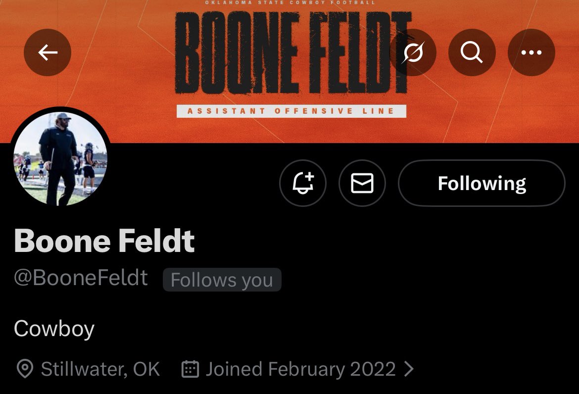 #OKState has a new assistant offensive line coach in Boone Feldt. He served as OC and OL coach at Southwestern Oklahoma State since 2024 and was OL coach at Northwestern State for one season.