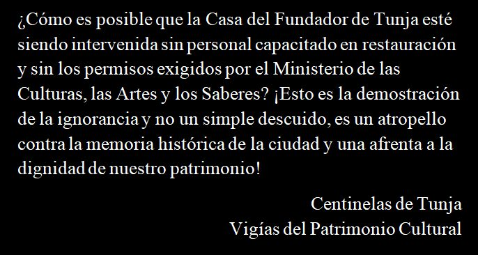 El Patrimonio Cultural e Histórico de Tunja no tiene dolientes…  Porque todos tan calladitos? <a href="/mincultura/">MinCultura Colombia</a> <a href="/AlcaldiaTunja/">Alcaldía Mayor de Tunja</a> <a href="/PGN_COL/">Procuraduría General de la Nación</a> <a href="/GobBoyaca/">Gobernación de Boyacá</a> <a href="/ConcejodeTunja/">Concejo de Tunja</a>