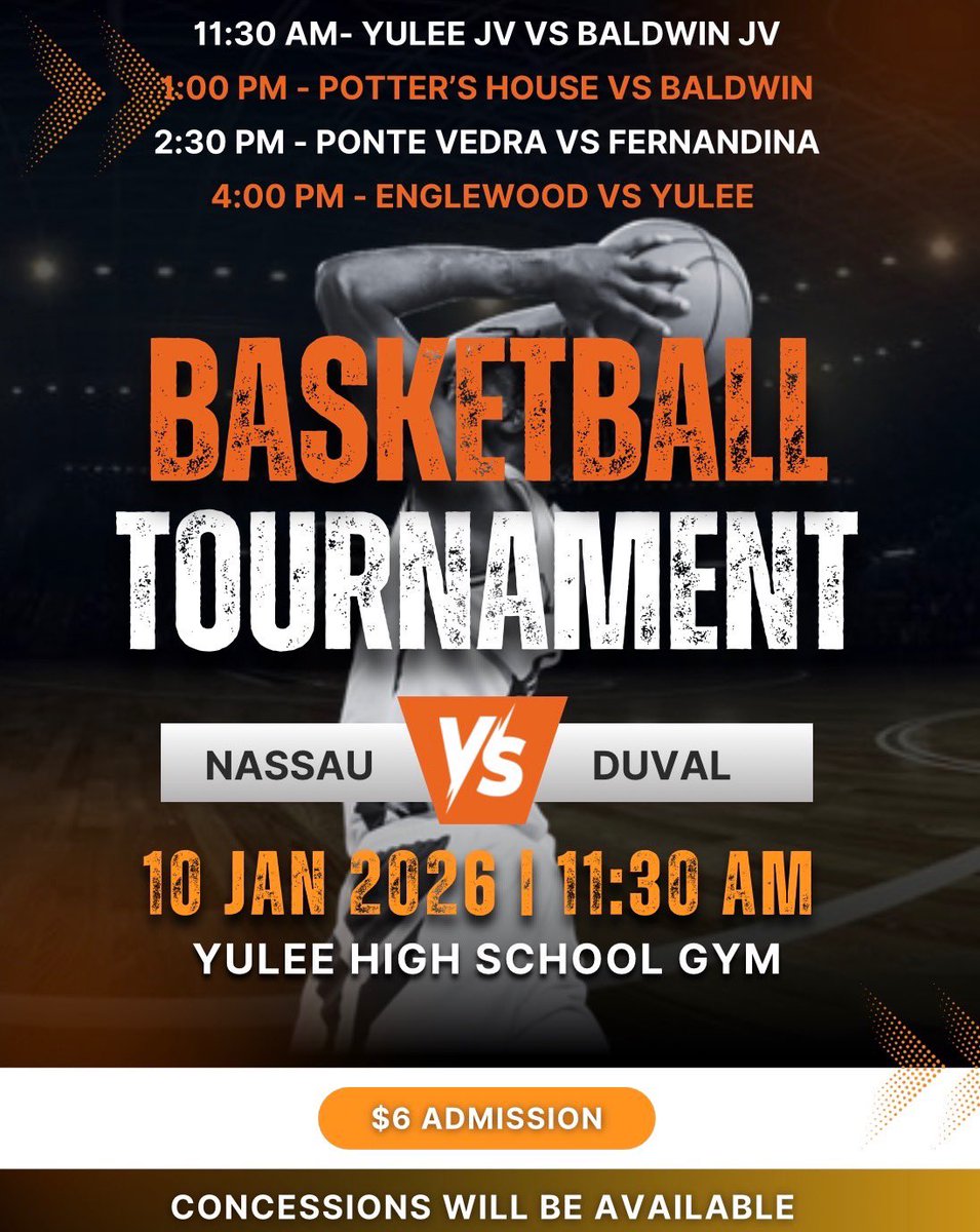 🚨🚨Coaches in the Northeast Florida and Southeast Georgia area come check out <a href="/yuleebball/">Yulee Basketball</a> <a href="/YuleeBasketball/">Yulee Basketball</a> tomorrow #NassauVsDuval Basketball 🏀 Tournament 🚨🚨  #NassauDuvalHoops #NDU26  #FirstCoastFeud #BattleOfTheBeaches #904Hoops <a href="/DesmondSinegal/">Desmond Sinegal</a> @JUDolphinsMBB
@UNFOspreysMBB