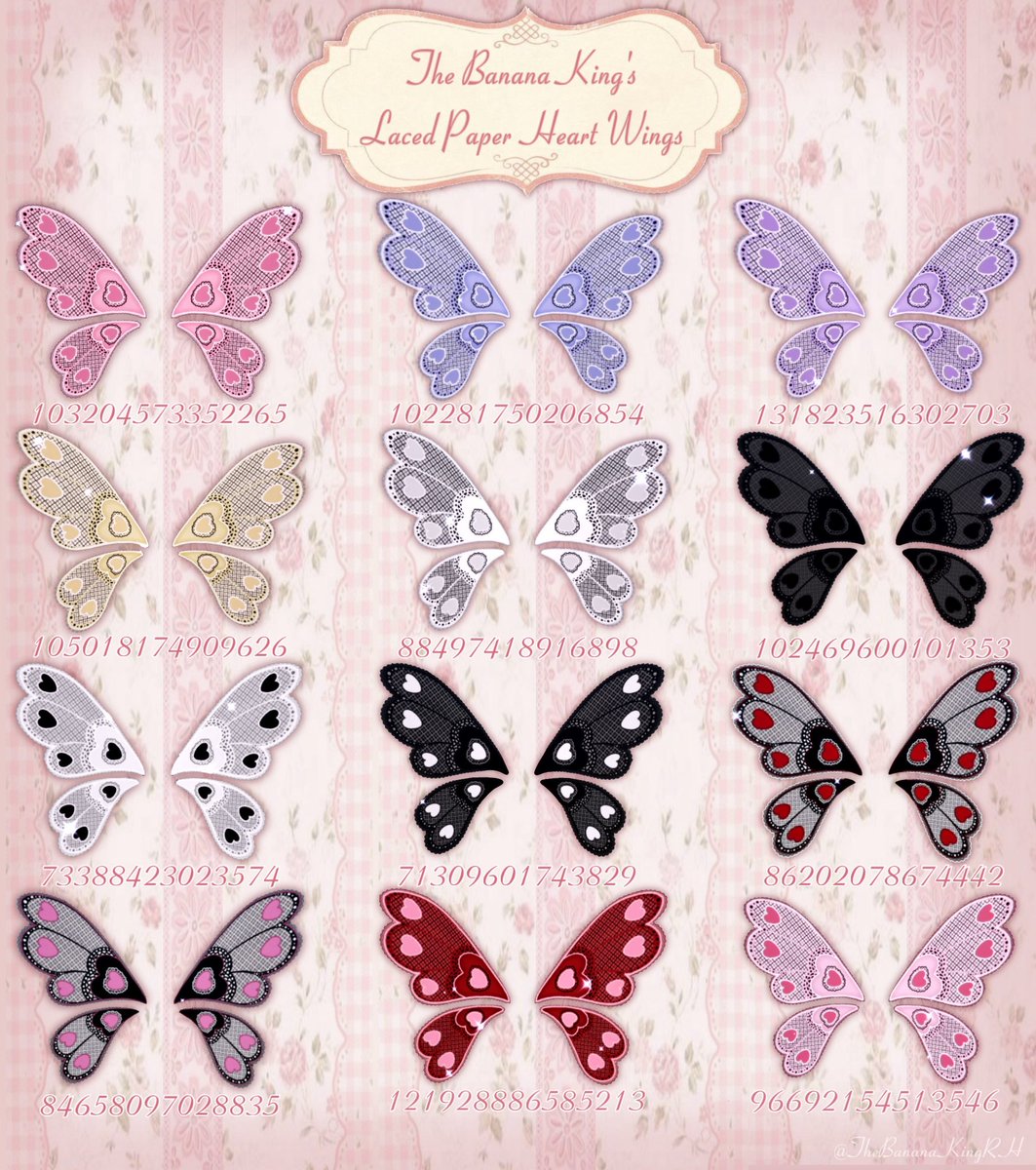 TheBananaKingRH's tweet photo. Laced Paper Heart Wing Decals

🩷Compatible with the Fallen Fae Wings
🩷12 Color Options 
🩷Semi Transparent Lace

As always if there is a specific color you need just comment below 🫶 https://t.co/iXzG66GZSz