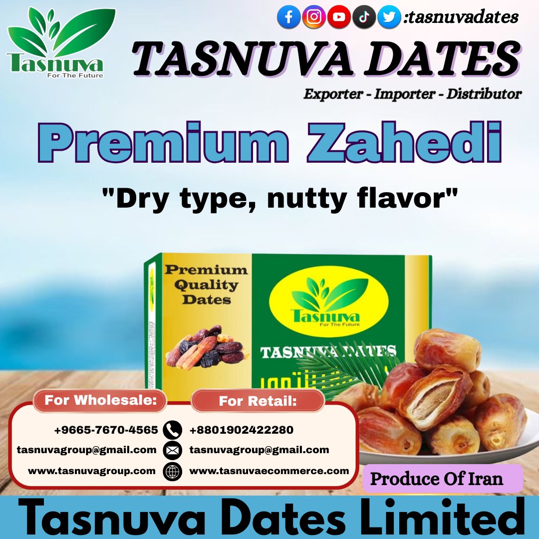 tasnuvadates's tweet photo. Premium Zahedi

"Sweet and chewy from Iran"
ইরানের Zahedi খেজুর—মিষ্টি, নরম এবং চিউই টেক্সচার।
Contact Us
For Retail
📞 +8801902422280
📧 tasnuvagroup@gmail.com
🌐 https://t.co/VJBpzJ3CXp
For Wholesale
📞 +9665-7670-4565
📧 tasnuvagroup@gmail.com
🌐 https://t.co/jOi6SO4HB0 https://t.co/C8rNqSRjbi