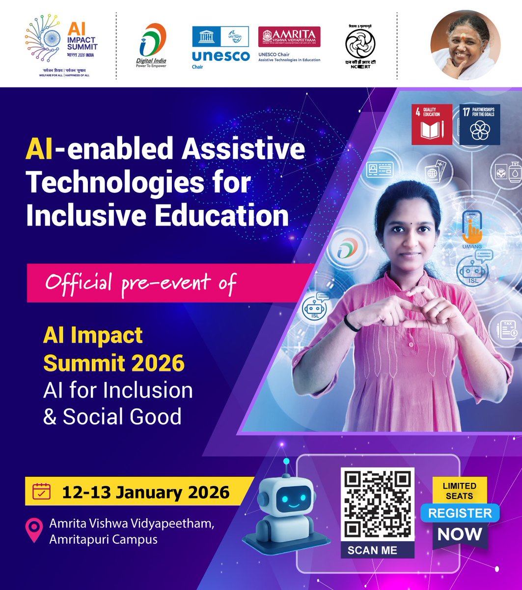 AmritaCreate's tweet photo. The UNESCO Chair on Assistive Technologies in Education, @AMRITAedu , is hosting an official pre-event to the AI Impact Summit 2026 titled “AI-enabled Assistive Technologies for Inclusive Education” supported by @GoI_MeitY.
More: https://t.co/jWbZGINShx
#AssisitiveTech
1/3 https://t.co/tN7gOHcVD0