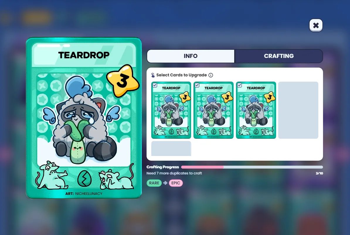 Cards come in 4 rarity tiers: Basic, Rare, Epic and Legendary. Rarity boosts your fantasy score multiplier, making higher rarity cards more valuable and impactful in contests. 

Cards can also be merged to receive one card of the same champion at a higher rarity. Merging is free