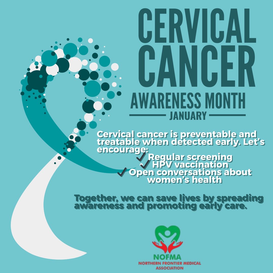 NOFMA2's tweet photo. 🎗️Cervical Cancer Awareness Month🎗️
January reminds us that cervical cancer is preventable and treatable with early screening and HPV vaccination.
Let’s raise awareness, encourage regular check-ups, and save lives. 

#CervicalCancerAwarenessMonth https://t.co/2jxyjkOPSh