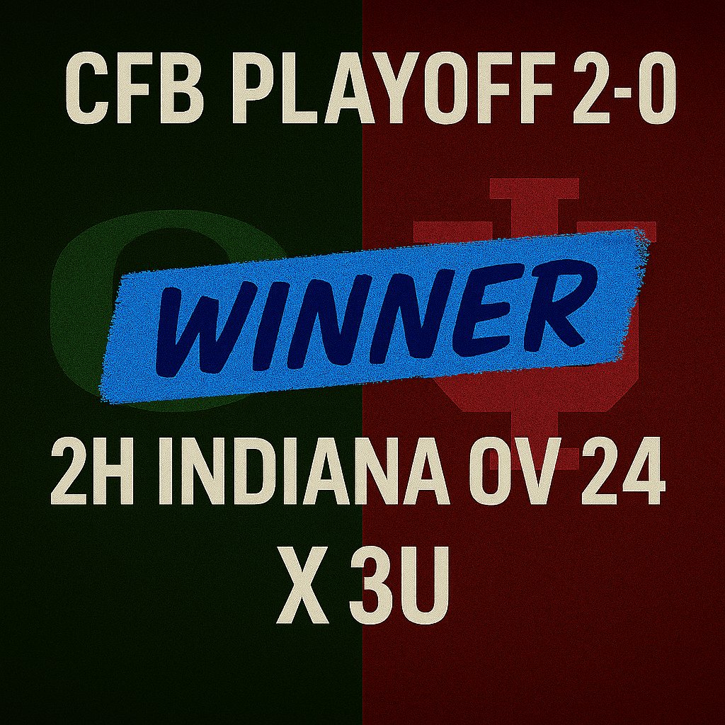 THEWISEWINtm's tweet photo. CFB PLAYOFF 2-0 🏈🔥
💙 WINNER 💙
2H INDIANA OV 24 X 3U 📊💰
#CFBPlayoff #IndianaHoosiers #CollegeFootballBets #BettingWins #CFB2026 #PeachBowl #HoosiersNation #SportsBetting #WINNER #FirstHalfBet #MoneylineMagic #OregonDucks https://t.co/2asurVlaxQ
