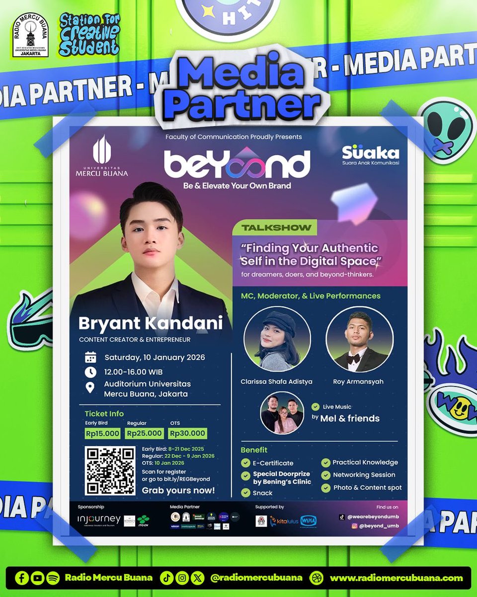 ✨ Upgrade diri &amp; bangun personal brand autentik di BEYOND bersama Bryant Kandani! ✨

📌 10 Jan 2026, 12-16 WIB  
📍 Auditorium Mercu Buana Meruya  
Dapatkan: E-Cert, doorprize, networking, snack &amp; insight!  
forms.gle/vc4orPxRPvEeZm…

#BEYOND2026 #MercuBuana #PersonalBranding