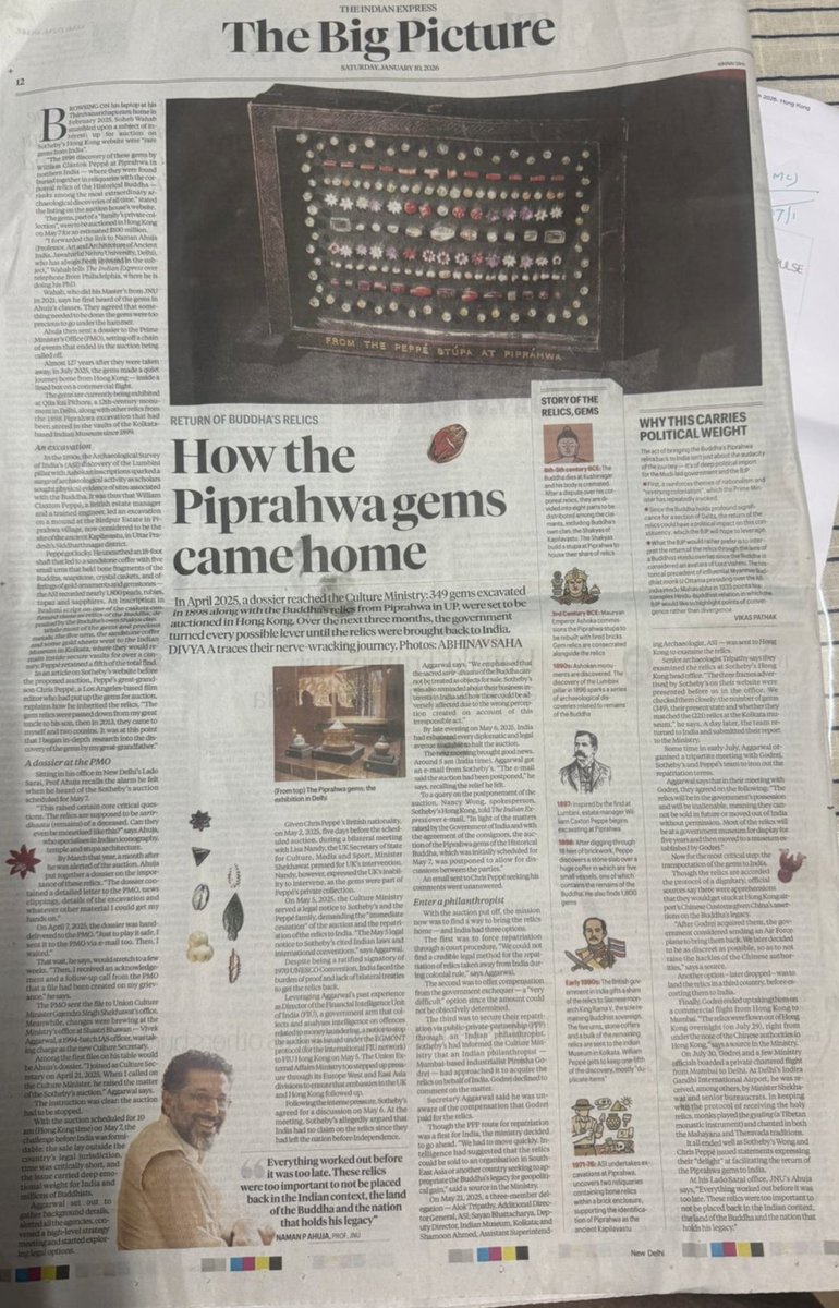 AnuragPunetha's tweet photo. The return of the #Piprahwa relics is not an isolated administrative success; it is part of a longer, quieter civilizational resolve. When the Buddha’s relics stood on the verge of being scattered once again under the auctioneer’s hammer, the response was neither impulsive nor theatrical. It was deliberate, methodical, and anchored in the conviction that some inheritances are non-negotiable.
@divs13 writes a very interesting piece in today's @IndianExpress  
What distinguishes the Piprahwa effort is the depth of its civilizational meaning. The Government of India’s role in this recovery reflects a maturity of approach. The story stands as a record of how modern India negotiates with history—calmly, confidently, and without apology for reclaiming what is rightfully hers. Must Read
#BuddhasRelics
#Piprahwa
#BuddhistHeritage
#HeritageReturns
#NotForAuction