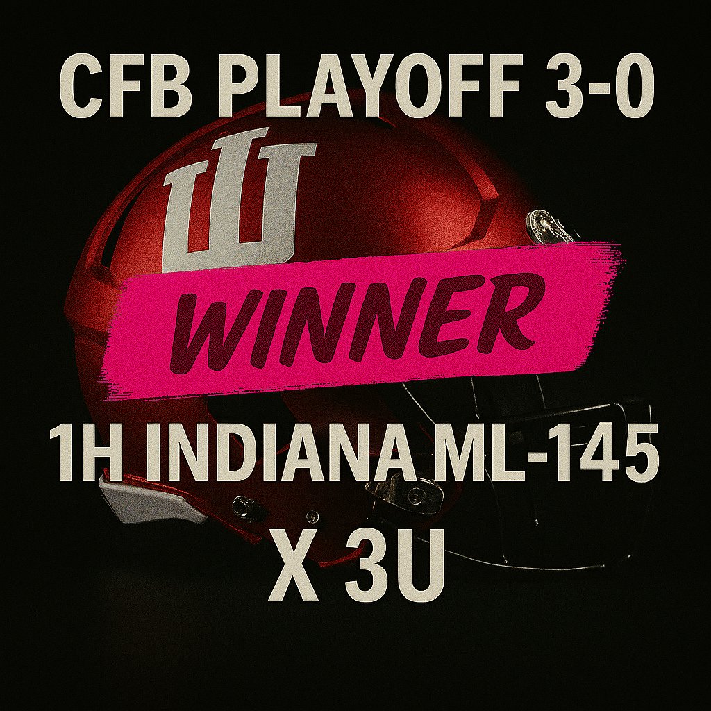 CFB PLAYOFF 3-0 🏈🔥 

💖 WINNER 💖 

1H INDIANA ML -145 X 3U 📊💰 

#CFBPlayoff #IndianaHoosiers #CollegeFootballBets #BettingWins #CFB2026 #PeachBowl #HoosiersNation #SportsBetting #WINNER #FirstHalfBet #MoneylineMagic #OregonDucks
