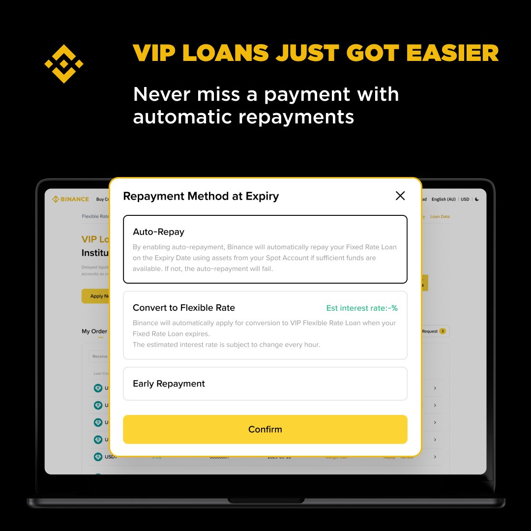 binance's tweet photo. Hello, @BinanceVIP

Activate auto-repay on your next loan and enjoy seamless, hassle-free repayments. https://t.co/2t7HK6M6mg
