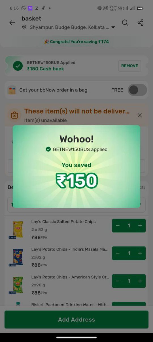 BigBasket New User Offer 

🛒 ₹150 Cashback on Grocery Shopping

💡 Offer Details:
• Use Code: GETNEW150BUS
• Minimum Order: ₹399

• Cashback: ₹150
• Cashback Credit: BigBasket Wallet (within 48 hours after delivery)

Excluded Categories:
Paan Corner, Baby Food &amp; Formula,