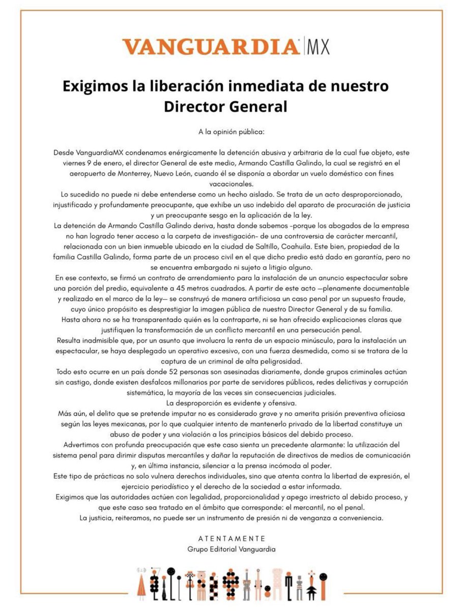 Como lo denuncia la <a href="/sip_oficial/">SIP • IAPA</a>, la detención del director general de Grupo Vanguardia de #México, ArmandoCastilla ocurrida hoy apunta a una acción arbitraria e ilegal. Toda nuestra solidaridad <a href="/vanguardiamx/">Vanguardia</a>. Liberación inmediata y respeto por la libertad de prensa