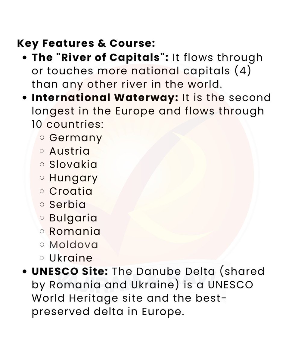 VajiramRavi's tweet photo. #RiverRuns : The Danube River is not just Europe’s second-longest river—it flows through 10 countries, touches 4 national capitals, and drains into the Black Sea.

#DanubeRiver #RiverRuns #WorldGeography #PhysicalGeography #InternationalRivers #EuropeGeography #MapBasedQuestions https://t.co/mIWiWfwCEP