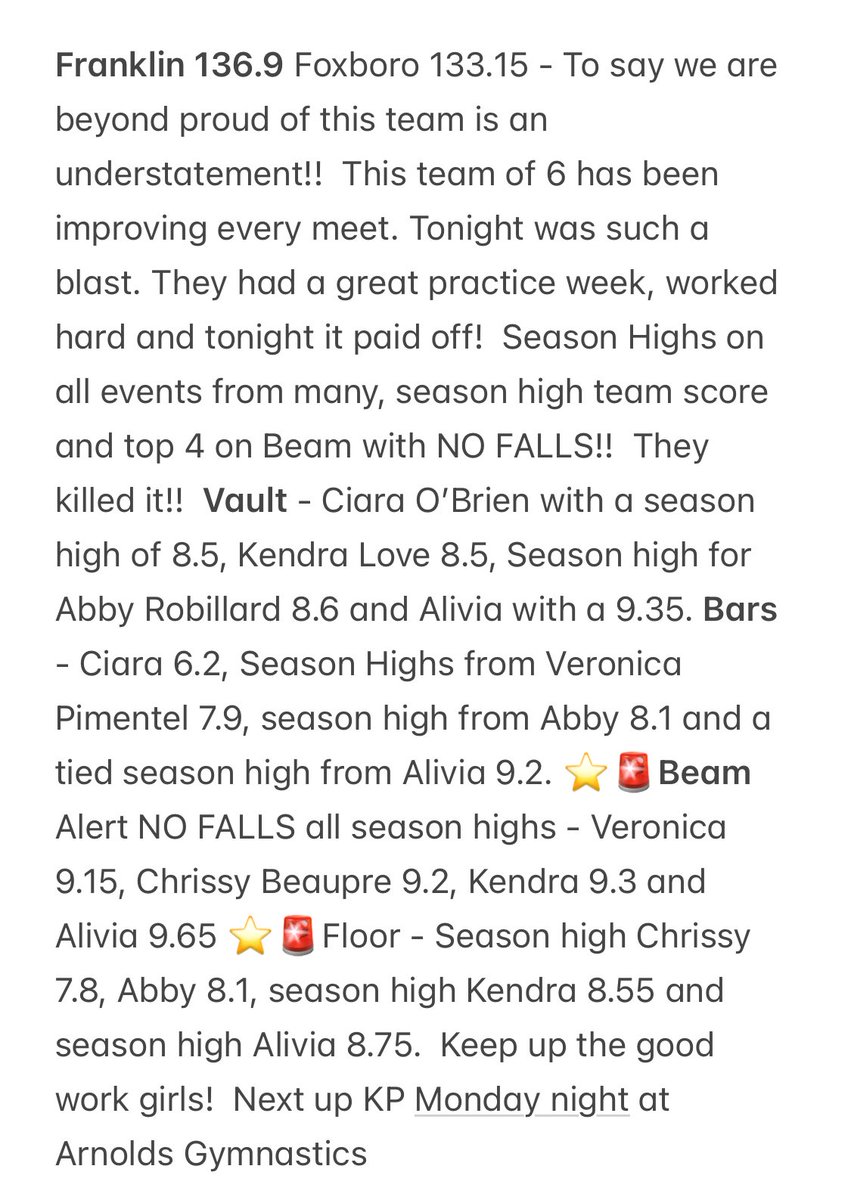 fhs_gymnastics's tweet photo. Franklin comes out on top with a win against Foxboro. 136.9 to 133.15. It really came together. So proud - details in pic. @FHSSports @HockomockSports @MetroWestSports @milforddaily @FHSPantherbook https://t.co/Ar1W4pbyGw