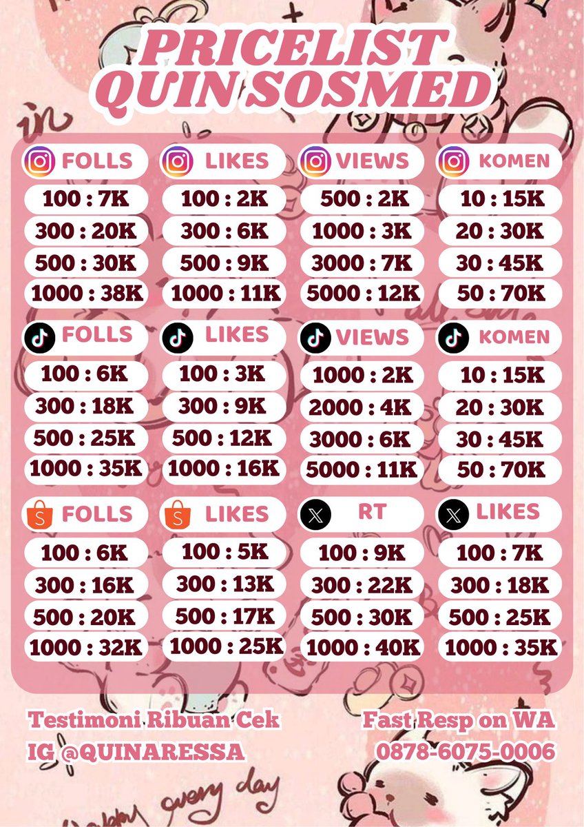 shuwters's tweet photo. Pagii temans ♡
 𐙚˚࿔ Quinaressa 𝜗𝜚˚⋆──ready jual followers likes views ig tiktok shopee instagram indonesia indo like view foll follower jasa buzzer comment beli komen murah upfolls tt wts wtb folls~ RIBUAN TESTIMONI✨
╰┈➤ORDER WA 087860750006 // TESTI DI IG: QUINARESSA https://t.co/7FdXGCWt7a