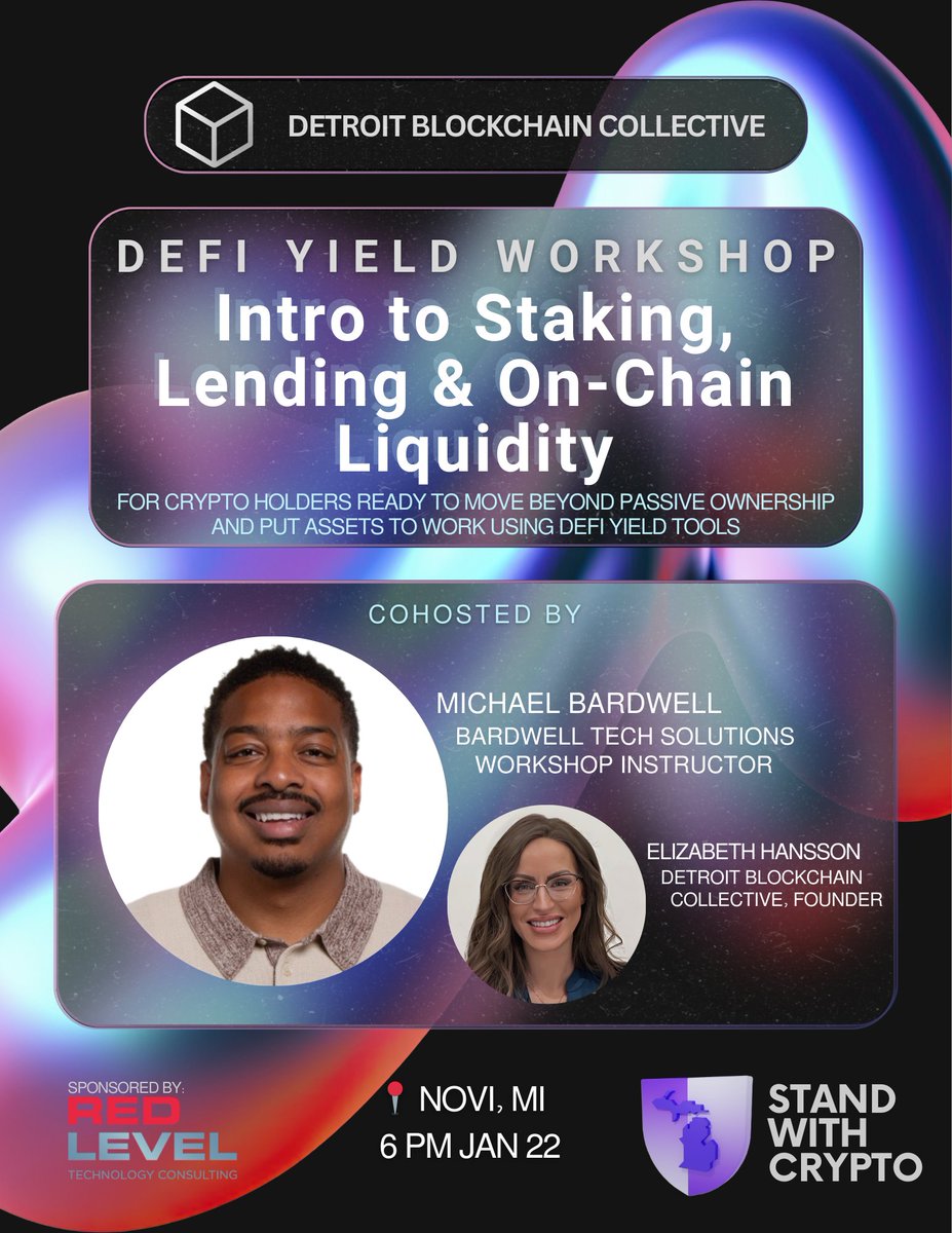 DetBlockchain's tweet photo. Announcing our upcoming workshop on Jan 22! 
📈DeFi Yield: Staking, Lending & On-Chain Liquidity

🛠️ A hands-on session on how to generate yield with DeFi, the core mechanics behind it, and on-chain safety

👨‍🏫Led by @mbardwellscott  
Co-hosted with @ElizabethHa 

Sponsored by @StandWithCrypto 🛡️

Limited space, RSVP: https://t.co/Io3feYv7qU