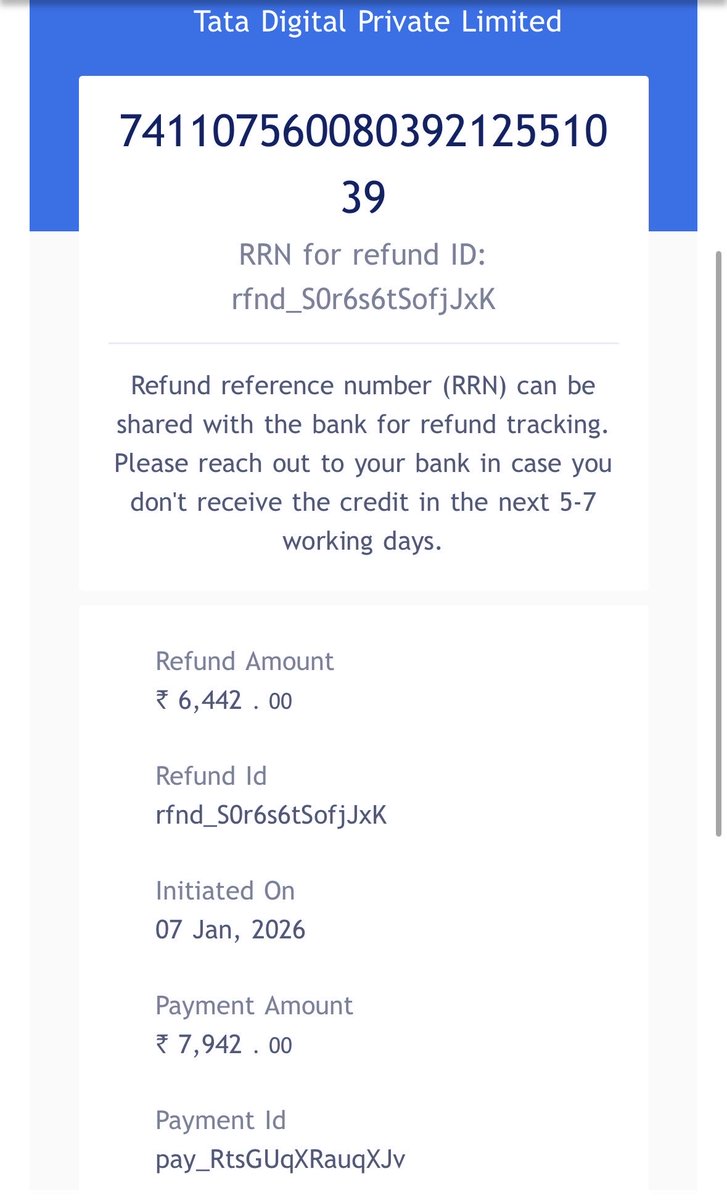 drvipindev's tweet photo. @tata_neu Total Ticket amount was ₹7942, the amount for refund was ₹7246, refund processed is ₹6442 ( the flight was cancelled from airline side why the amount refunded to me is less and not ₹7246, convenience fee has already been deducted from ₹7942 @tata_neu https://t.co/IqlrmFawlI