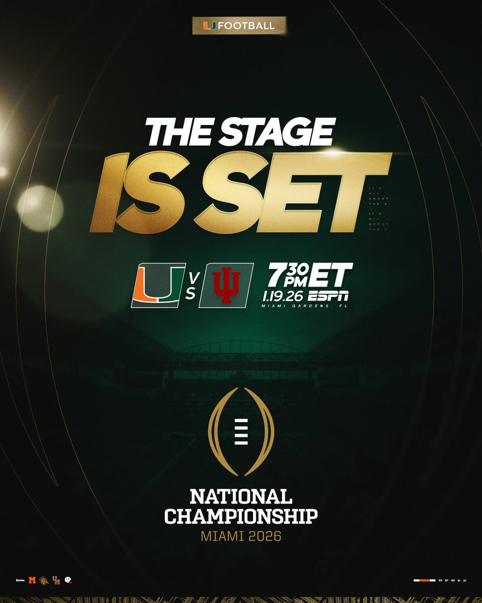 CanesFootball's tweet image. The stage is set.

We’ll face Indiana in the 2026 National Championship at @HardRockStadium 🙌

#GoCanes | @CFBPlayoff