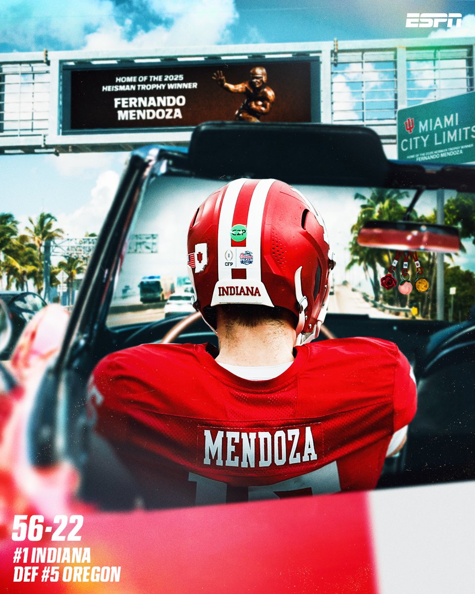 espn's tweet photo. WELCOME BACK TO MIAMI‼️ 

Fernando Mendoza will return with Indiana after DOMINATING Oregon in the CFP semis 🌴 https://t.co/6Q6B8MhYsq