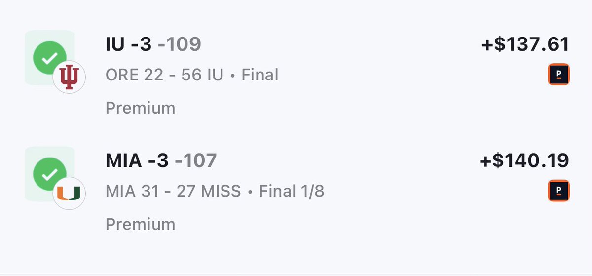 Miami -3 
Indiana -3 

Buen botín en las semifinales de college football🏈🏈🏈🏈