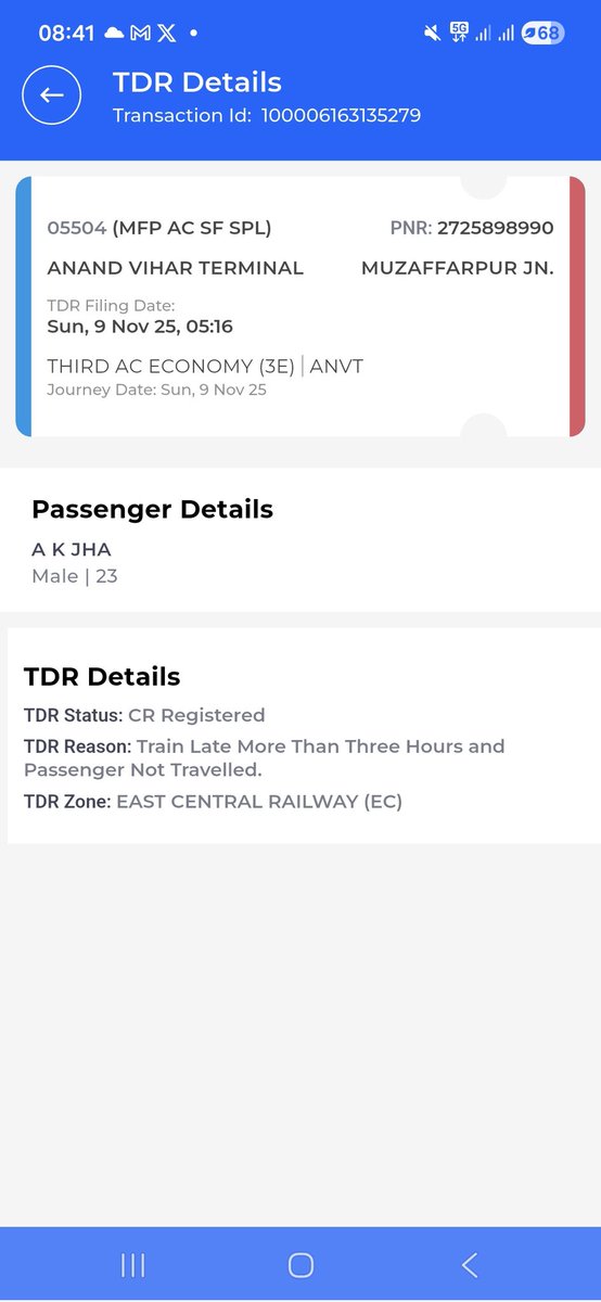 AnkitKumar33450's tweet photo. @IRCTCofficial @RailMinIndia
TDR refund pending for over 2 months despite status showing CR Registered.
PNR: 2725898990 | Transaction ID: 100006163135279
Reason: Train delayed >3 hrs &amp; passenger did not travel.
Please resolve urgently https://t.co/kZ6sZtLZGm