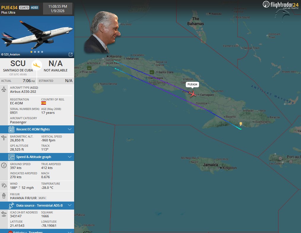 FlconEYES's tweet photo. #DELCYELOINA y @DiazCanelB 
Continúan la "SANDUNGA" con #PLUSULTRA

EC-KOM | Airbus A330-202 | https://t.co/agLsX4TqNr
#Habana-#SantiagodeCuba-#Madrid 

#Now #ADSB #cuavion #Cuba #9Jan https://t.co/3e2otPDuU2