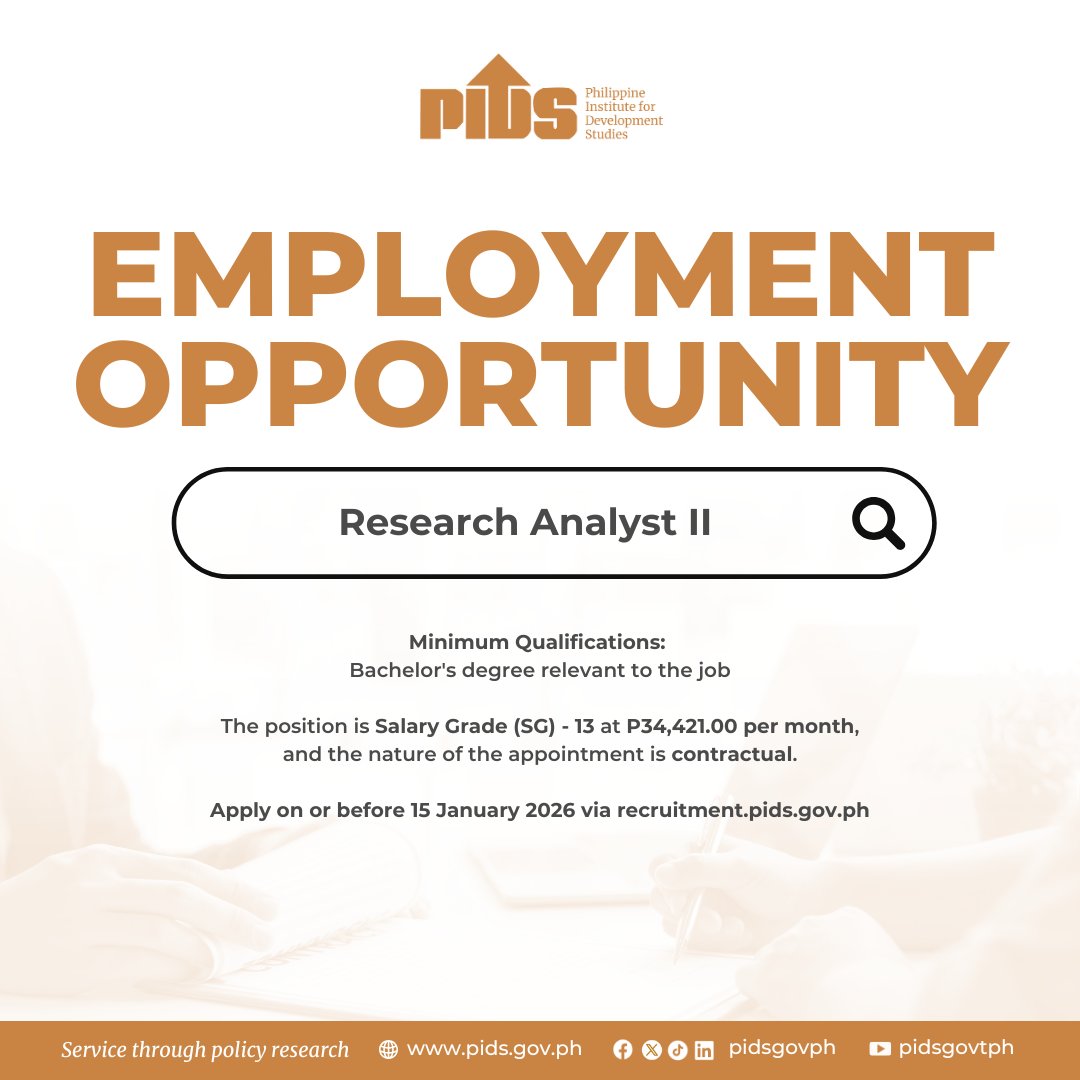 pidsgovph's tweet image. 𝐄𝐌𝐏𝐋𝐎𝐘𝐌𝐄𝐍𝐓 𝐎𝐏𝐏𝐎𝐑𝐓𝐔𝐍𝐈𝐓𝐘

Details of this vacancy are available at recruitment.pids.gov.ph/applicants/emp…