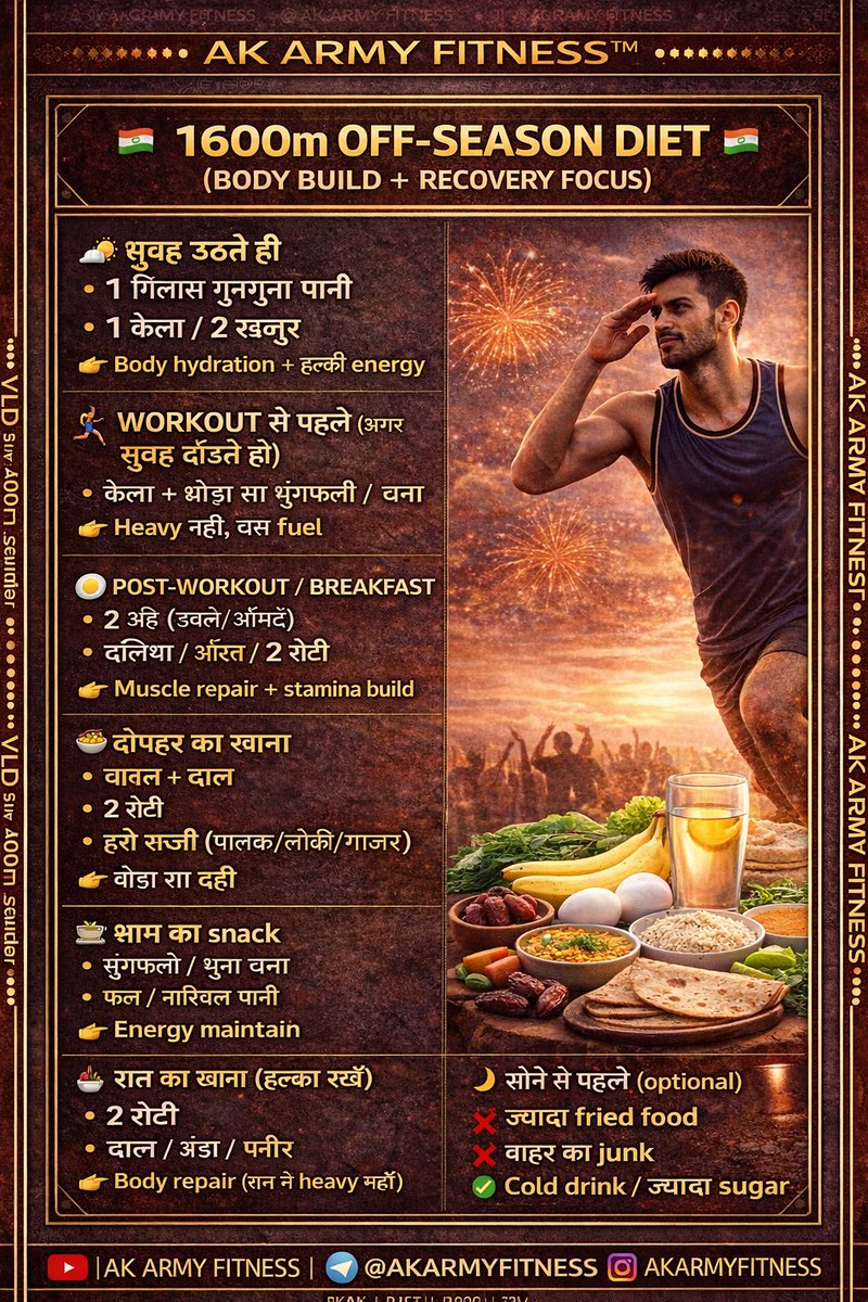 Aksprinter_'s tweet photo. 1600m runners के लिए OFF-SEASON DIET PLAN 💪🔥
Body build + Recovery दोनों साथ में! https://t.co/ldgoyzUtCK