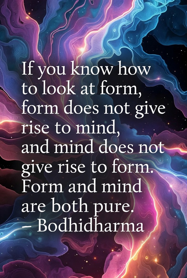 CallsToMind's tweet photo. If you know how to look at form, form does not give rise to mind, and mind does not give rise to form. Form and mind are both pure.
- Bodhidharma   

#Zen #Chan #mushin #nomind
#noself #Śūnyatā #emptiness #Tathātā #Suchness #thusness #Nibbāna #Nirvāna #Dhamma #svabhāva #ZenBuddhism #rigpa #kensho #enlightenment  #awakening #nonduality #Satori #middleway #spiritualawakening #nondual #oneness #awareness #spiritualawareness #zenquotes #ChanBuddhism #Bodhidharma #mindfulness #Buddhistwisdom #theway #Buddhistquotes #dual #Buddhasteachings #dualities
#Buddhistteachings #spiritualjourney #dualism #spiritualwisdom #nirvana #Buddhism #nondualism  #enlightenmentpath  #insightmeditation #vipassana #enlightenmentjourney  #meditation #callstomind