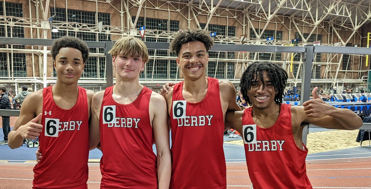 Our 4 x 800 relay team runs 8:57.7 tonight at Yale High School Classic, qualifying for the Class S State Championship. Derby places 4th in Small School race. From left: Jayden McNeill(2:15.5), Shane McAdams(2:24.5), Joel Capelle(2:03.7), Jayson Drayton(2:14). All ran season bests