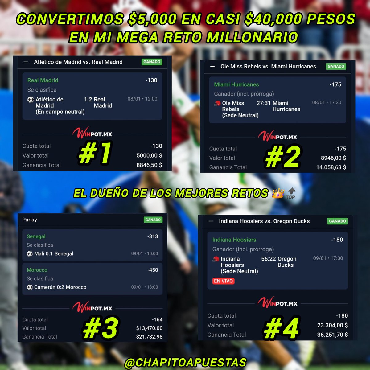 ChapitoApuestas's tweet photo. SE PRENDIÓ EL CERRO 🔥🔥🔥 !!

Lo que estamos haciendo en MI MEGA RETO MILLONARIO 🤯🤯!!

Paso 1 ✅️
Paso 2 ✅️
Paso 3 ✅️
Paso 4 ✅️

Convertimos ya $5,000 pesitos en casi $40,000 pesos 🤯🤯 !!

Simplemente Somos los Dueños de los Mejores Retos 👑🔝 !!

QUE LOCURA 🔥 !! https://t.co/WIZ5D0xxkv