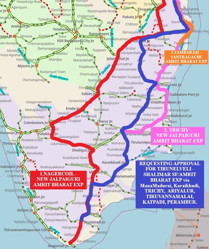 NaveenChandar_'s tweet photo. Railways Approved 3 Amrit Bharat trains covering Key Cities &amp; towns in Tamilnadu strengthening the Eastern India connectivity 👏👏.

However, they've missed the Inclusion of Tirunelveli-Shalimar SF Exp (Blue line) via Karaikudi, Trichy, Ariyalur,Tiruvannamalai. Pls Approve it🙏🙏 https://t.co/93k8tN8Zxd