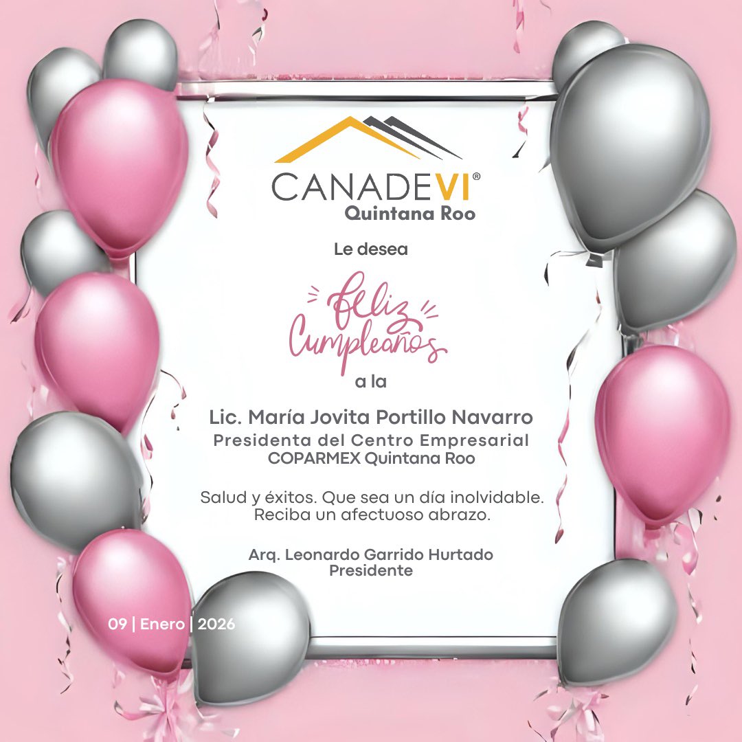 Enviamos una afectuosa felicitación a la Lic. María Jovita Portillo Navarro, Presidenta de <a href="/CoparmexQRoo/">Coparmex Quintana Roo</a>, con motivo de su cumpleaños 🎂 y le deseamos lo mejor. 

Que esté disfrutando al máximo de este día 🥳. Un abrazo.