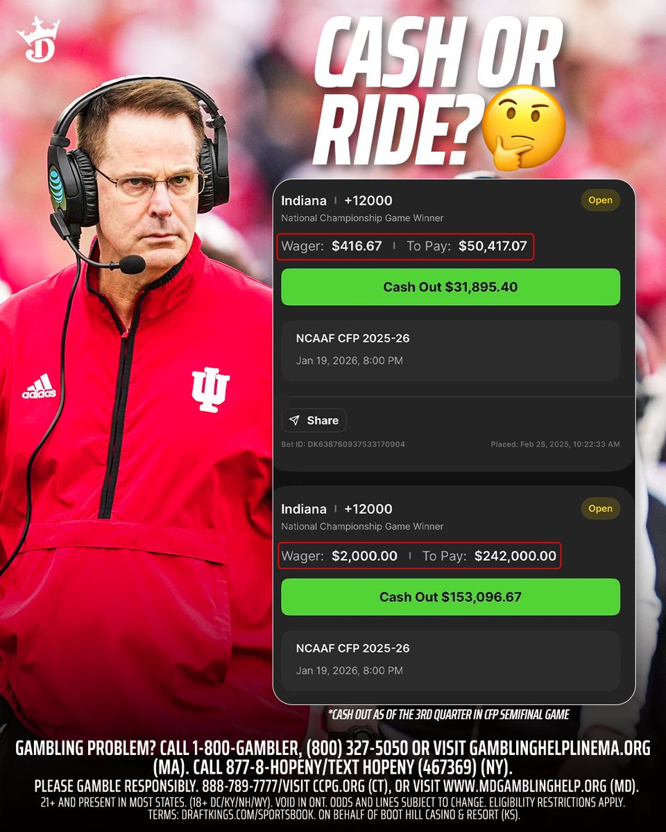 DKSports's tweet photo. One bettor wins nearly $300,000 if the Indiana Hoosiers win the National Championship...

Cash or let it ride? 🤔 https://t.co/UH00I8xIcz