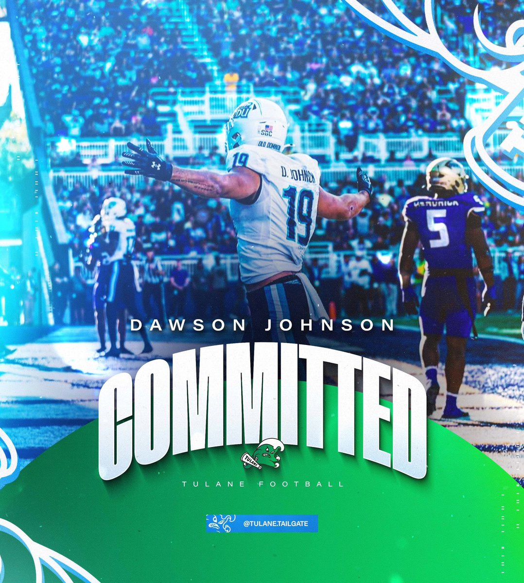 TailgateTulane's tweet photo. BOOM! Tulane lands a commitment from ODU transfer TE Dawson Johnson. The former Florida signee recorded 10 receptions for 99 yards and a touchdown during his freshman season at Old Dominion. He chose Tulane over Memphis and ECU. He is rated as high 3🌟transfer portal recruit. https://t.co/kAKO9T1J67