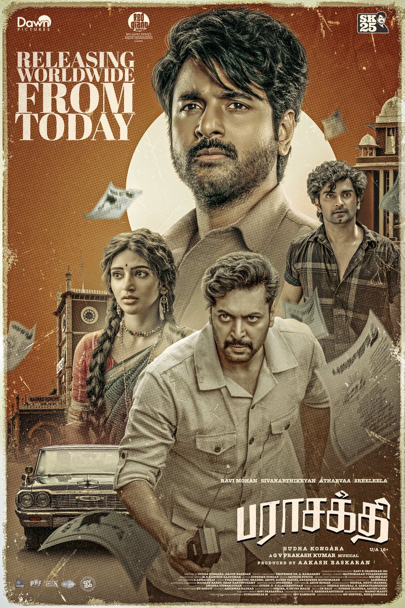 PARASAKTHI – FROM TODAY ONWARDS 🔥
Celebrate this Pongal with power, pride, and mass moments!
🎉🌾
#ParasakthiFromJan10 
#Sivakarthikeyan 
#Sreeleela 
#SudhaKongara 
#Atharvaa 
#JayamRavi