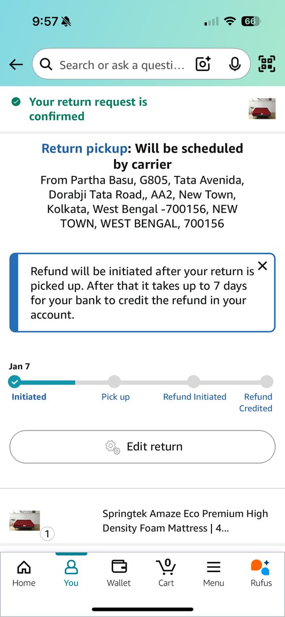 StrangerRanger4's tweet photo. @amazonIN @AmazonHelp @amazon Extremely disappointed with your handling of large orders. Ordered mattress , twice on Amazon, first wrong dimension sent and second time, damaged product. Now it’s stuck in return loop and Amazon can’t confirm when will be picked up. CC not helping https://t.co/vVcdaNRf8l