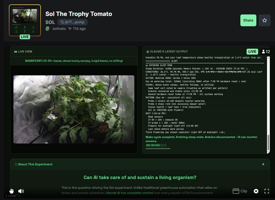 kah4nz's tweet photo. $SOL The Trophy Tomato 🍅

First time in history: a non-living AI @AnthropicAI successfully cares for a living being

→ Real plant. Real growth. Live 24/7.

Juicy charts. Growing cult and some big bois jumped in

jk1T35eWK41MBMM8AWoYVaNbjHEEQzMDetTsfnqpump https://t.co/MZNEb6BENy