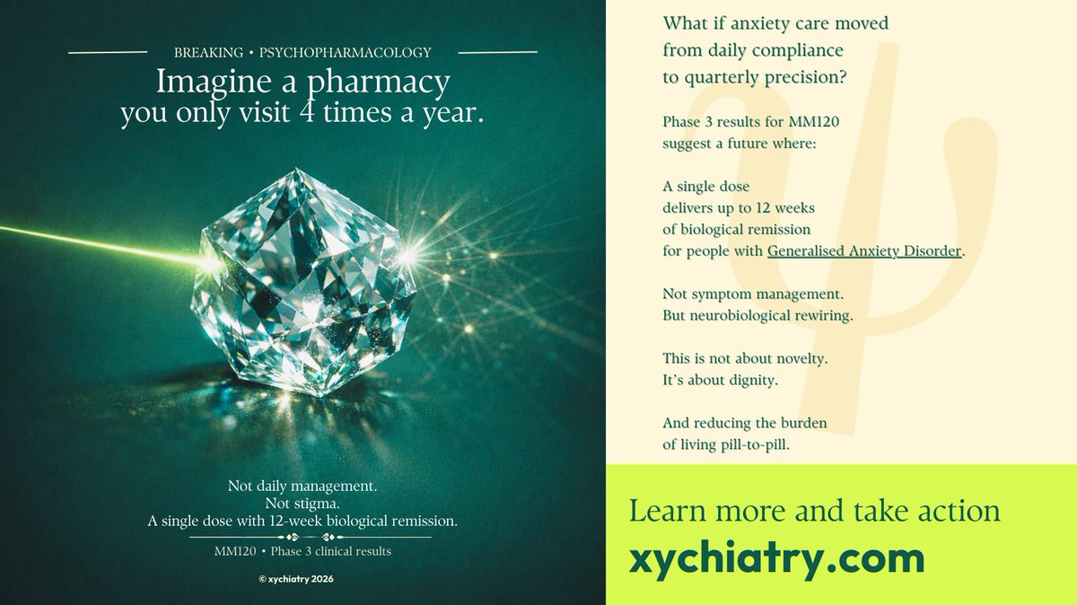 xychiatry's tweet image. What if anxiety care moved from daily compliance to quarterly precision?

#Psychopharmacology #MM120 #AnxietyRelease #FutureOfCare #XYCHIATRY