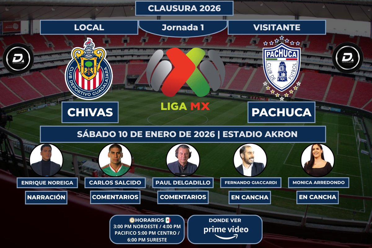 #Chivas vs #Pachuca #LigaBBVAMX 
📺📱💻 <a href="/PrimeVideoMX/">PrimeVideoMX</a> 
🎙 <a href="/enriquenoriega_/">ENRIQUE NORIEGA</a> 
🎙️ <a href="/carlossalcido7/">carlos salcido</a> 
🎙️ <a href="/PAULEDELGADILLO/">PAUL  DELGADILLO</a>
🎙️ <a href="/JFGiaccardi/">Fernando Giaccardi</a> 
🎙️ <a href="/MonicaArredondo/">Monica Arredondo 🫶🏻</a>
#LaCasaDeLasChivas #PrimeVideo