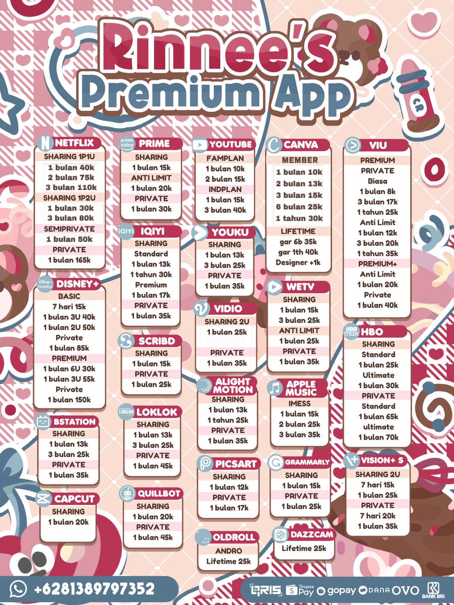 blushihe's tweet image. HEYLOO KAWANNS AKU MAU TAWARIN BELI APP PREM NIH YG NEED MAU LANGGANAN BISA KE ACUU SOALNYA AK TERPERCAYAA DEH 

TESTIE AMANG FOR DISNEY NETFLIX YOUTUBE BSTATION PRIME VIDIO LOKLOK IQIYI WETV PICSART YOUKU VIU CANVA APPMUS CAPCUT

SUNG KE wa.me/6281389797352

#zonauang 537052