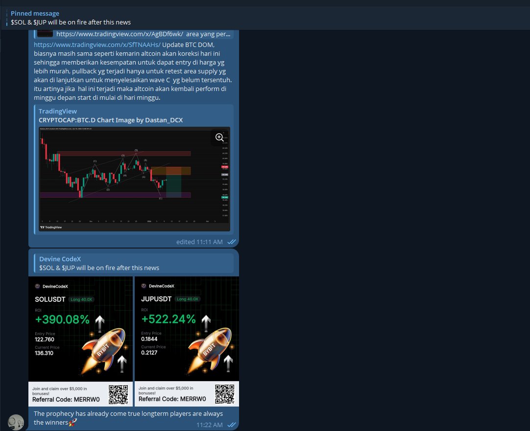 DevineCodeX's tweet image. 🚀 18 Dec 2025 sudah disounding…
$SOL &amp;amp; $JUP  bakalan terbang ✨
Saatnya panen hasil dari benih yang kita tanam sejak lama.

👉 Yang sabar &amp;amp; visioner selalu jadi pemenang.
🔥 Jangan cuma jadi penonton, Let's join  VIP Group sekarang dan nikmati strategi berikutnya!

#DCX4trade