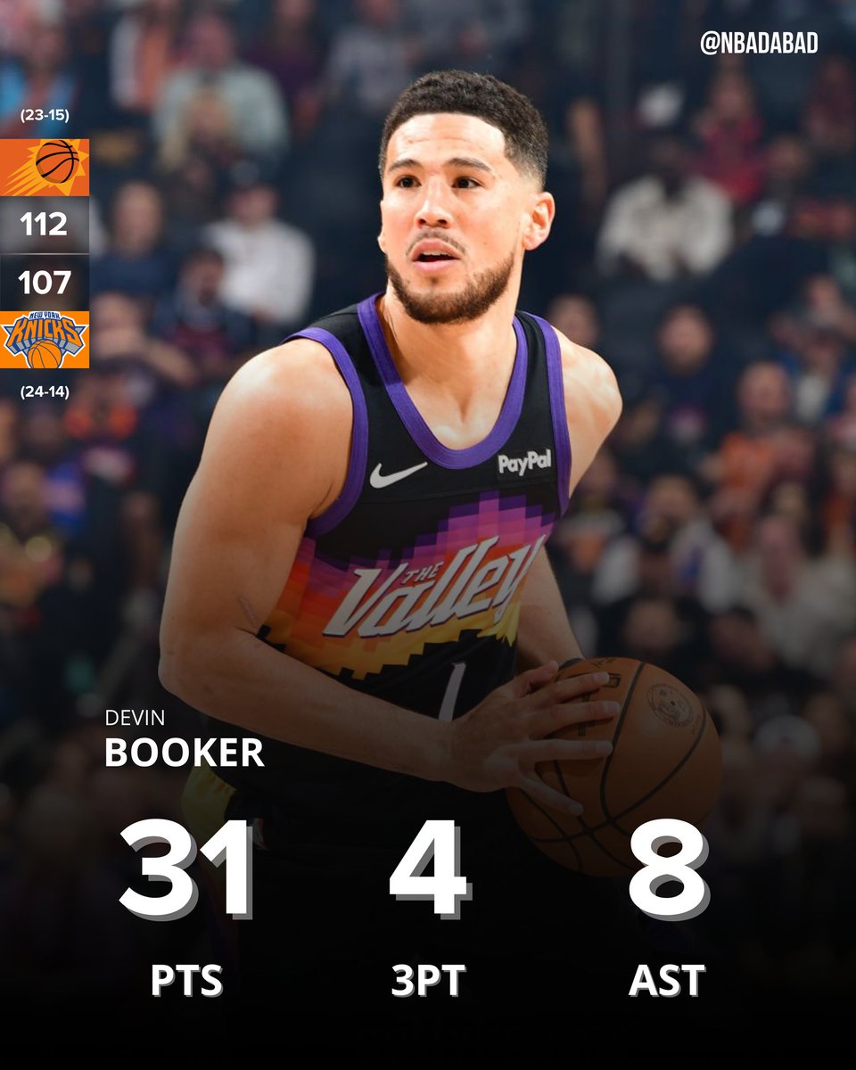 NBAdabad's tweet photo. 8 VITÓRIAS EM 10 PARTIDAS!

Devin Booker hoje:

31 pontos
8 assistências
4/6 nas bolas pra três 

O PHOENIX SUNS ESTÁ 8 JOGOS ACIMA DE 50%!!!! https://t.co/q6N3gU4Cng