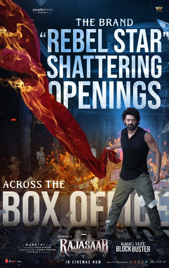 PrabhasRules's tweet photo. #TheRajaSaab storms the Worldwide Box Office with a sensational blockbuster start!

#BlockbusterRajaSaab becomes the SIXTH ₹100CR opener for #Prabhas 

The Brand REBEL STAR Shattering openings across the Box Office 💥💥💥 https://t.co/HaxqrLnIkq